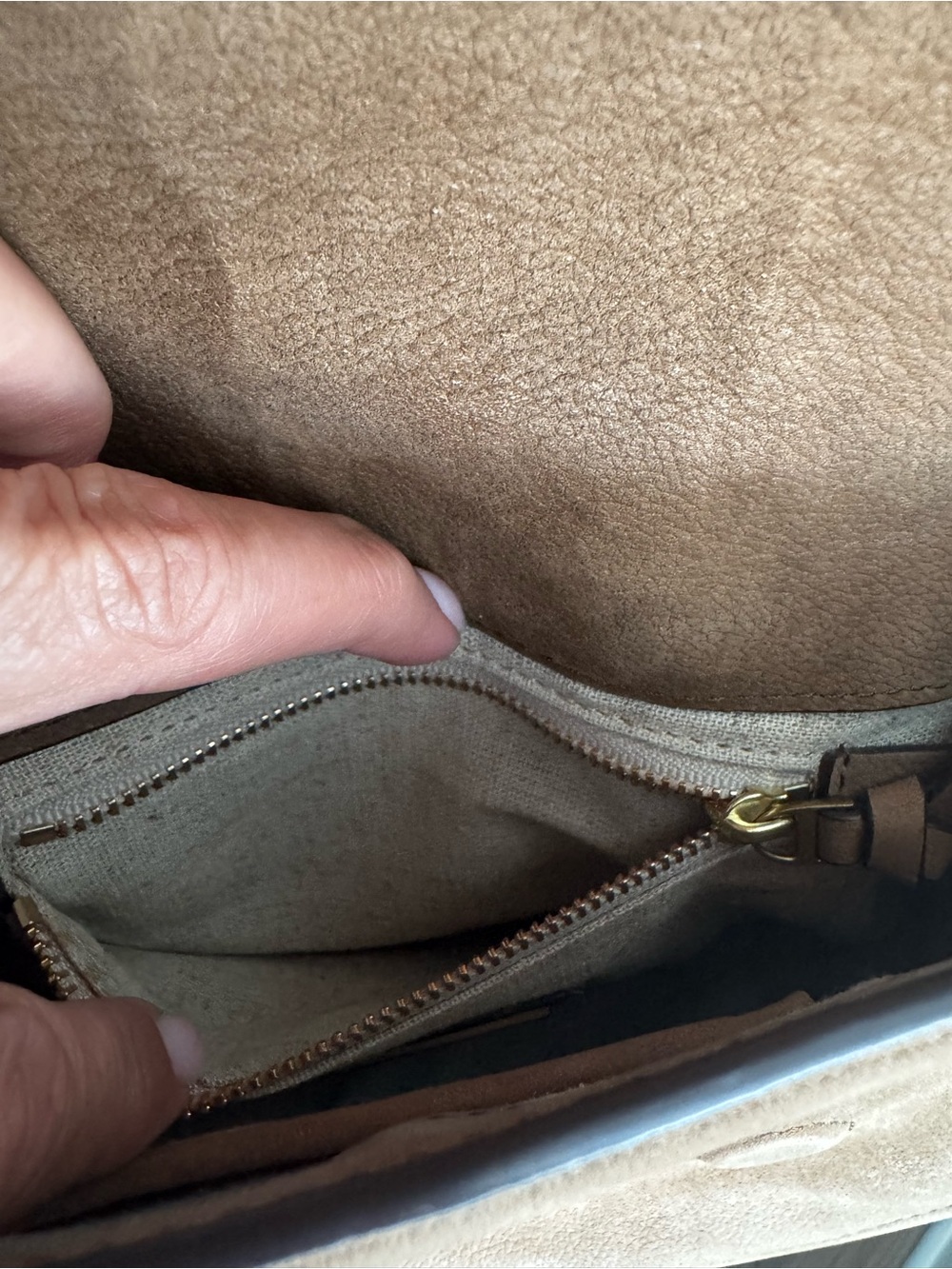 Tory Burch Tan Suede Saddle Crossbody with Gold Ring - Picture 8 of 8